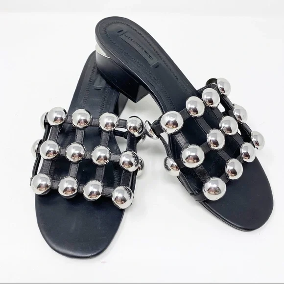サンダル・ミュール ALEXANDER WANG BLACK AND SILVER LEATHER SANDALS ALEXANDER WANG Dome snake-effect leather sandals | NET-A-PORTER
